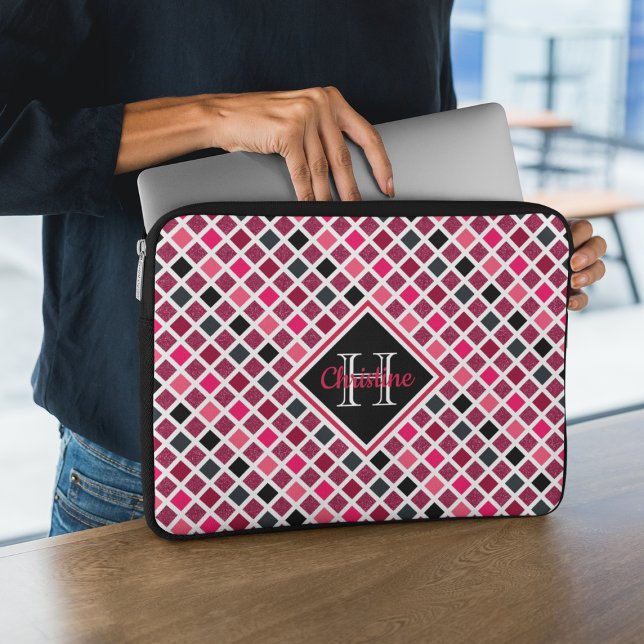 Personalized Girly Pink Glitter Geometric Pattern Laptop Sleeve (Creator Uploaded)