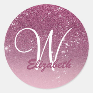 Personalized Girly Pink Glitter Sparkles Monogram Classic Round Sticker