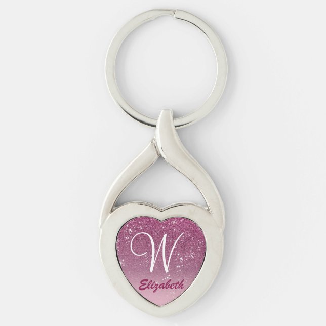 Personalized Girly Pink Glitter Sparkles Monogram Keychain (Front)