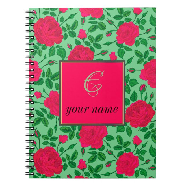 personalized girly pink roses and buds pattern notebook (Front)