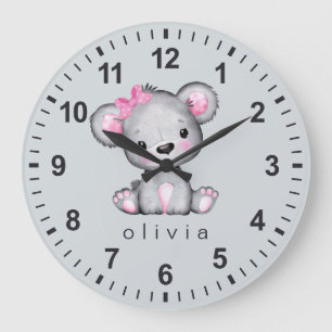 Personalized Girly Pink Teddy Bear Grey Large Clock
