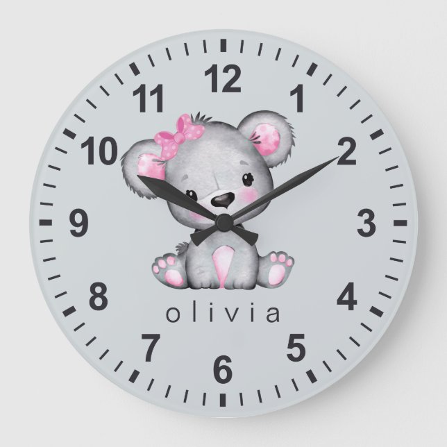 Personalized Girly Pink Teddy Bear Grey Large Clock (Front)