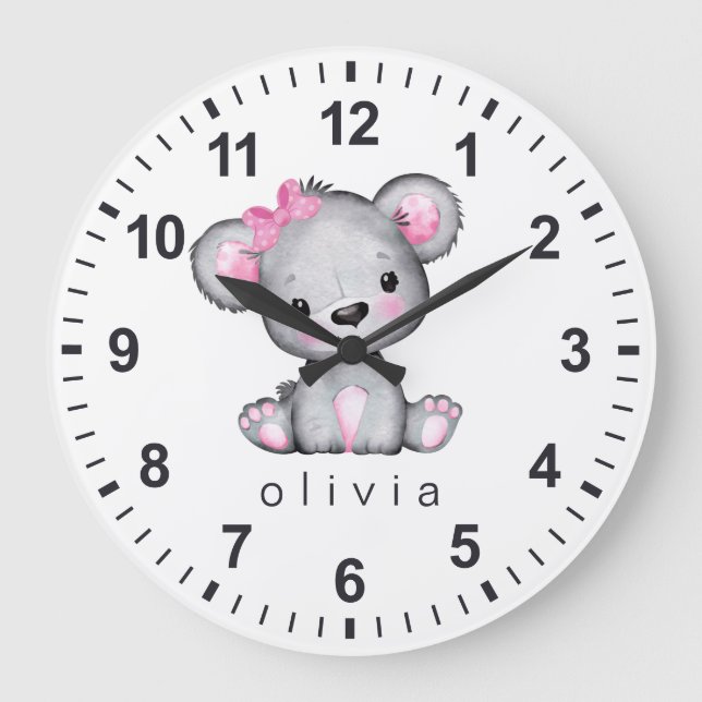 Personalized Girly Pink Teddy Bear White Large Clock (Front)