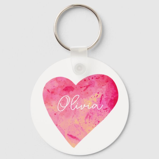 Personalized Girly Pink Watercolor Heart Keychain (Front)