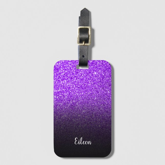 Personalized Girly Purple Glitter Black Ombre Luggage Tag (Front Vertical)