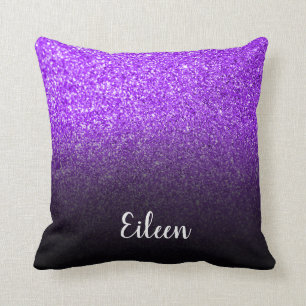 Personalized Girly Purple Glitter Black Ombre Throw Pillow