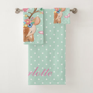 Personalized Girly Reindeer Cartoon Polka dot Bath Towel Set