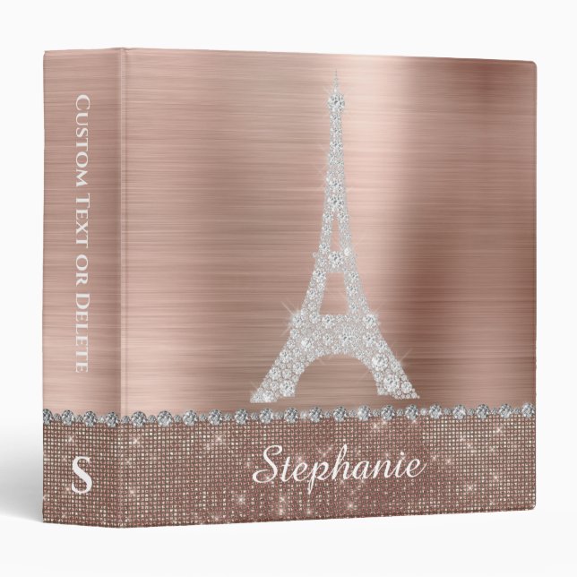 Personalized Girly Rose Gold Diamond Sparkle Paris Binder (Front/Spine)