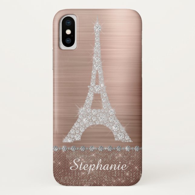 Personalized Girly Rose Gold Diamond Sparkle Paris Case-Mate iPhone Case (Back)