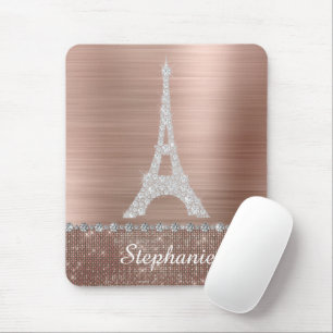 Personalized Girly Rose Gold Diamond Sparkle Paris Mouse Pad