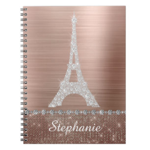 Personalized Girly Rose Gold Diamond Sparkle Paris Notebook