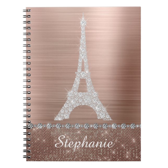 Personalized Girly Rose Gold Diamond Sparkle Paris Notebook (Front)
