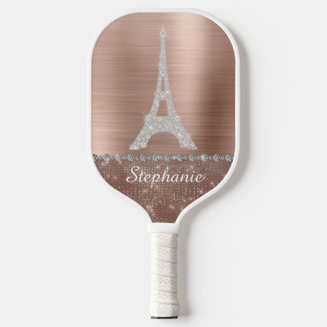 Personalized Girly Rose Gold Diamond Sparkle Paris Pickleball Paddle (Front)