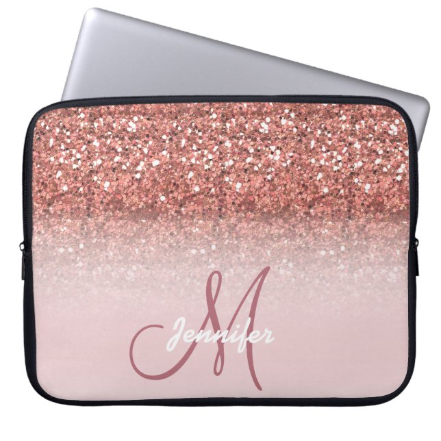 Personalized Girly Rose Gold Glitter Sparkles Name Laptop Sleeve (Front)