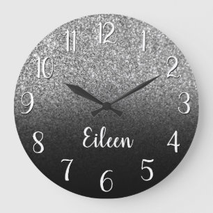 Personalized Girly Silver Glitter Black Ombre Large Clock