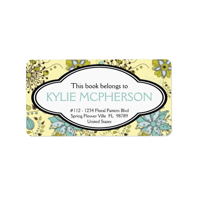Personalized Girly Spring Green Floral Bookplate Label (Front)