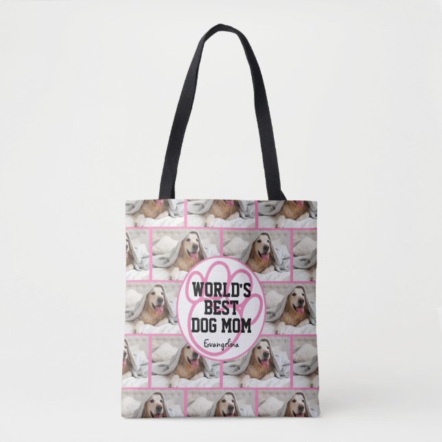 Personalized Girly Worlds Best Dog Mom Photo Tote Bag (Front)