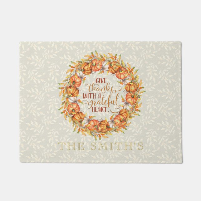Personalized Give Thanks Pumpkin Wreath Doormat (Front)