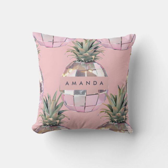 Personalized Glam Disco Pineapple Pink Metallic Throw Pillow (Front)