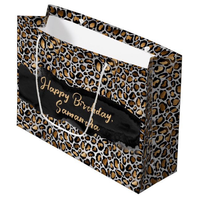 Personalized Glam Metallic Leopard Print Birthday Large Gift Bag (Front Angled)