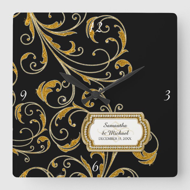 Personalized Glam Old Hollywood Regency Black Tie Square Wall Clock (Front)