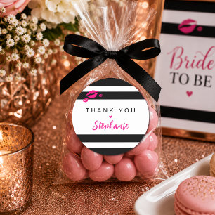 Personalized Glam Pink, Black and White Stripe Classic Round Sticker