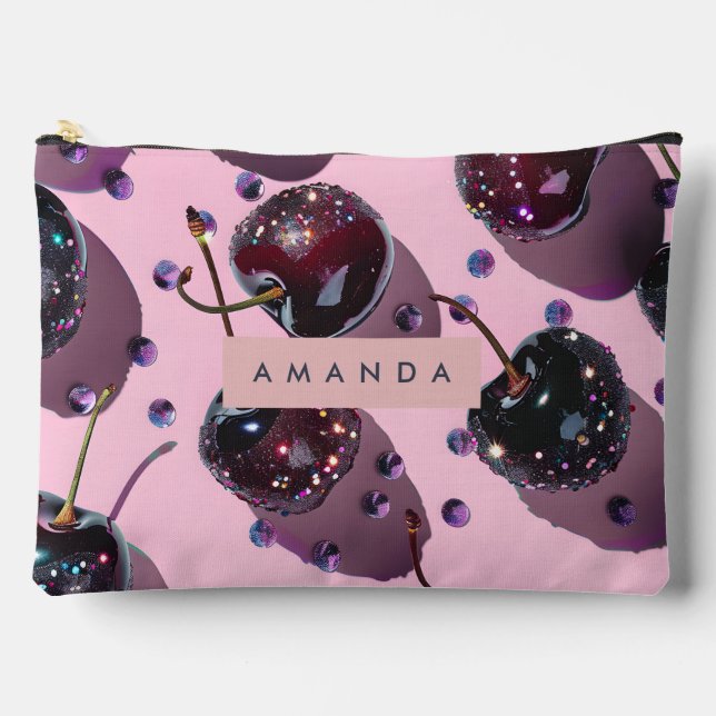 Personalized Glam Sparkle Cherry Design Accessory Pouch (Front)