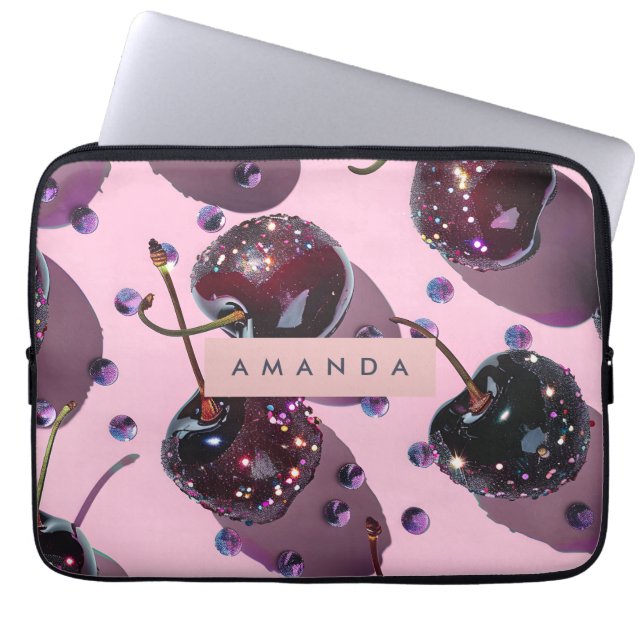Personalized Glam Sparkle Cherry Design Laptop Sleeve (Front)