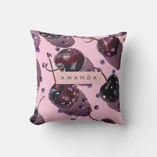 Personalized Glam Sparkle Cherry Design Throw Pillow (Front)