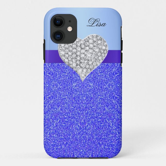 Personalized Glamour Heart Blue Glitter Case-Mate iPhone Case (Back)