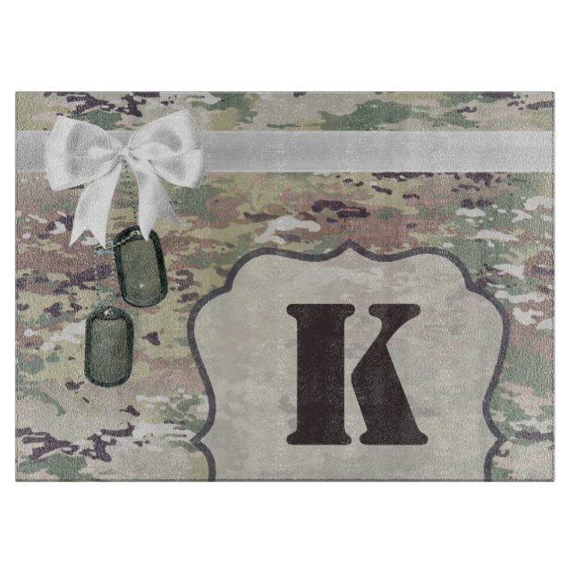 Personalized Glass Cutting Army OCP Camo Uniform Cutting Board (Front)