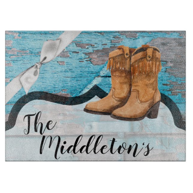 Personalized Glass Cutting Blue Wood Barn Door Boo Cutting Board (Front)