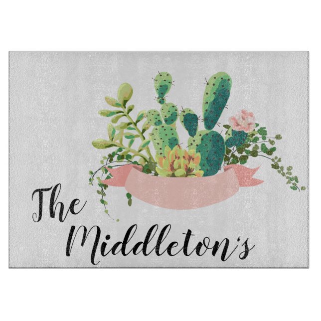 Personalized Glass Cutting Bohemian Cactus Succule Cutting Board (Front)