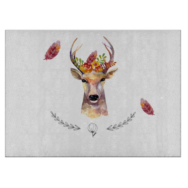 Personalized Glass Cutting boho deer Buck Head Bro Cutting Board (Front)