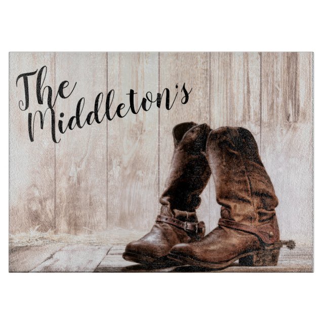 Personalized Glass Cutting boots country rustic we Cutting Board (Front)