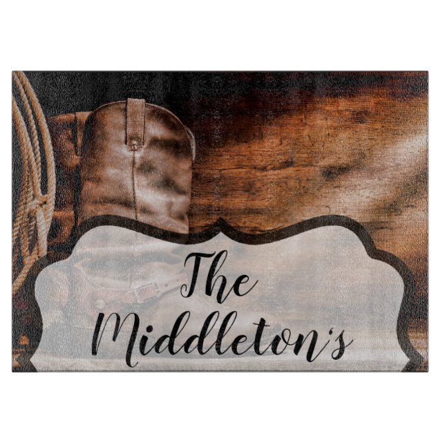 Personalized Glass Cutting Cowboy Boots Barn Wood Cutting Board (Front)