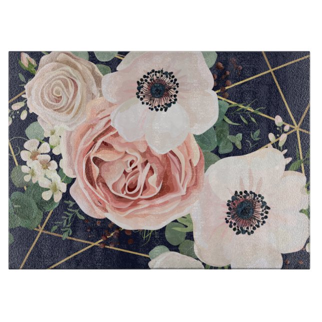 Personalized Glass Cutting Geometric Garden Navy Cutting Board (Front)