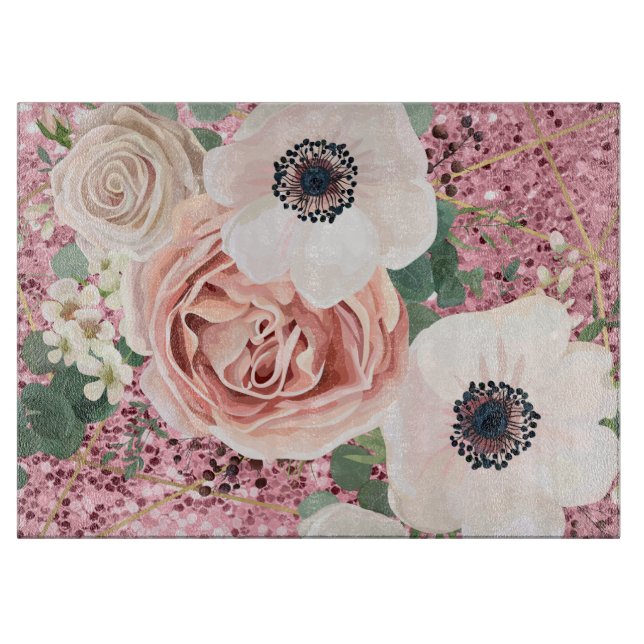 Personalized Glass Cutting Geometric Garden Rose Cutting Board (Front)
