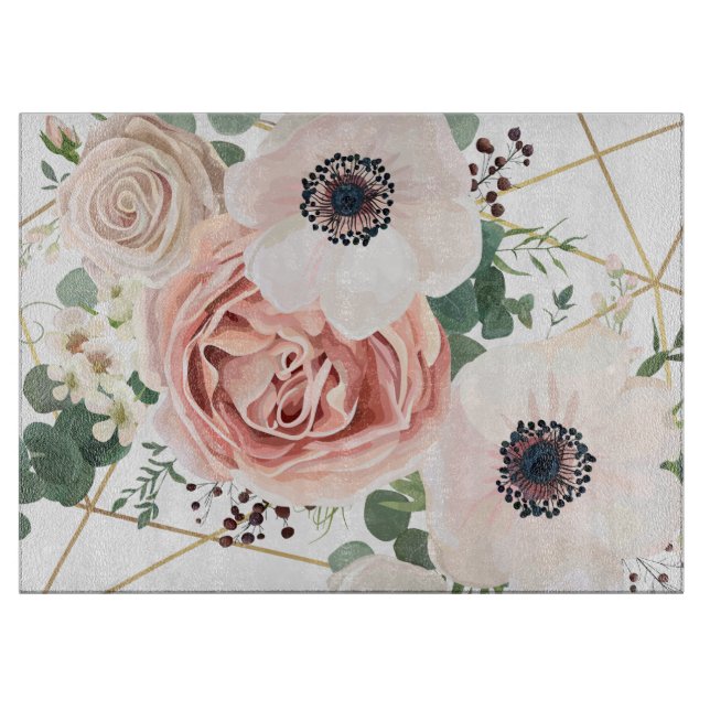Personalized Glass Cutting Geometric Garden Rose Cutting Board (Front)