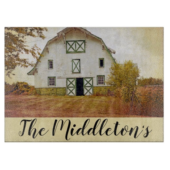 Personalized Glass Cutting Sunset Barn Country Rus Cutting Board (Front)