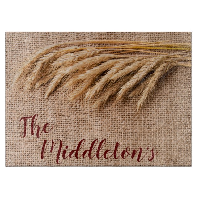 Personalized Glass Cutting Wheat on Burlap Sack Co Cutting Board (Front)
