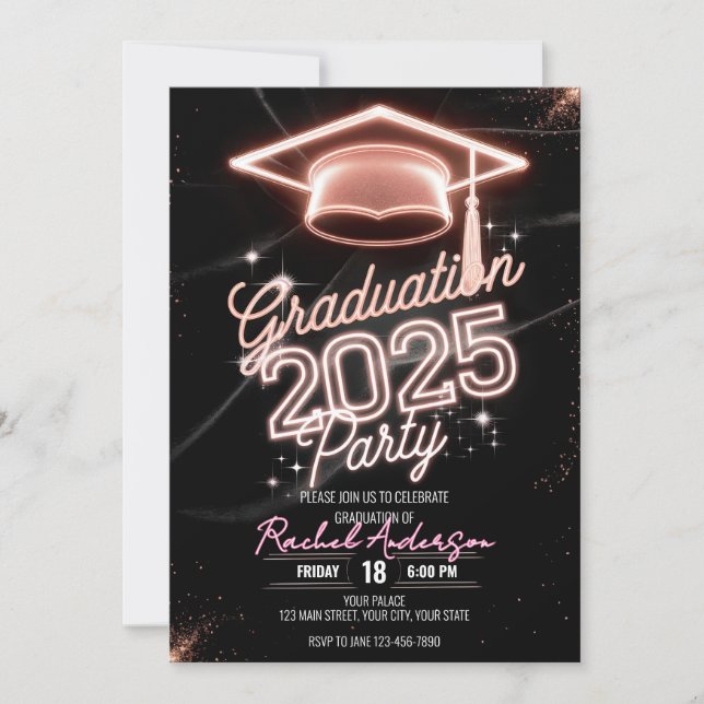 Personalized Glitter Dust Pink Dinner Graduation Invitation (Front)