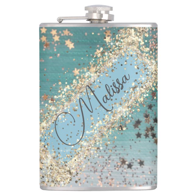 Personalized Glitter Gold Stars on Teal            Hip Flask (Front)