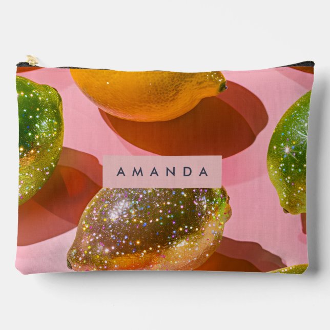 Personalized Glitter Lemon Citrus Design Accessory Pouch (Front)
