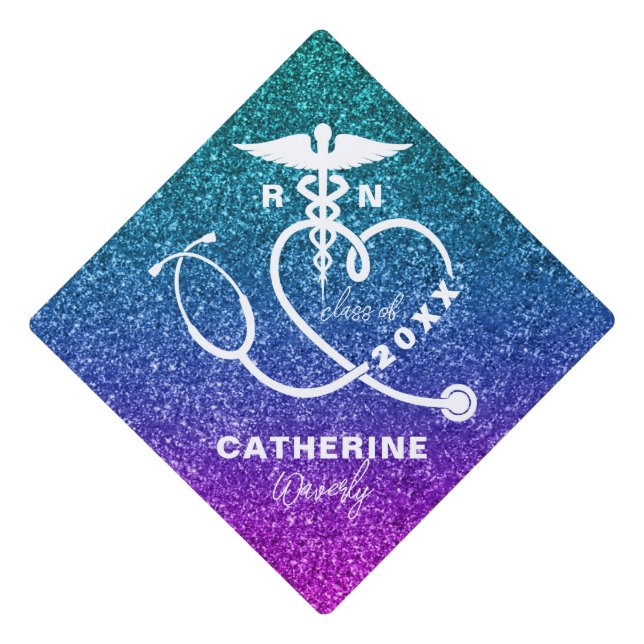 Personalized Glitter Nursing School RN Graduation Cap Topper (Front)