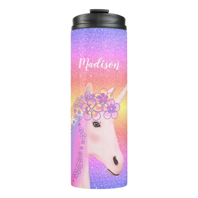 Personalized Glitter Unicorn Rainbow Kids Thermal Tumbler (Front)