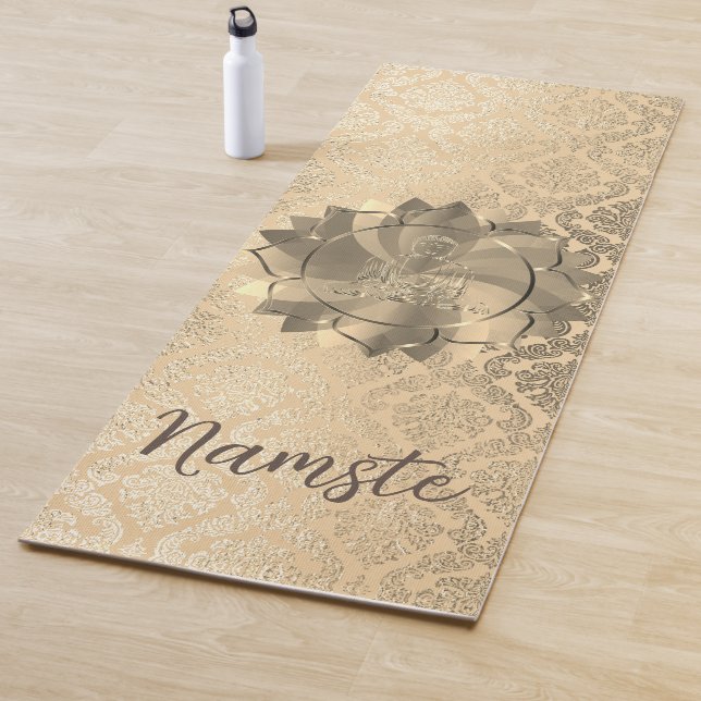 Personalized Glittery Gold Damask Buddha Lotus Yoga Mat (In Situ)