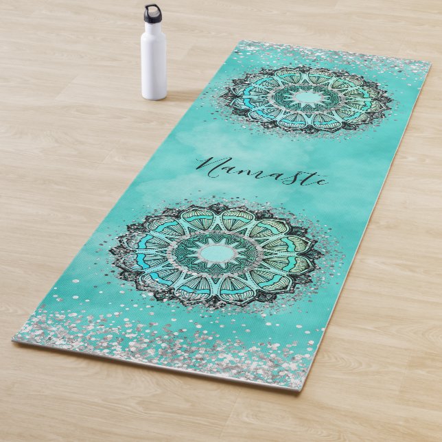 Personalized Glittery Lotus Mandala on Teal Yoga Mat (In Situ)