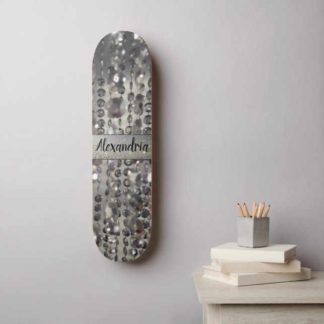 Personalized Glittery Silver Stringed Beads      Skateboard (Wall Art)