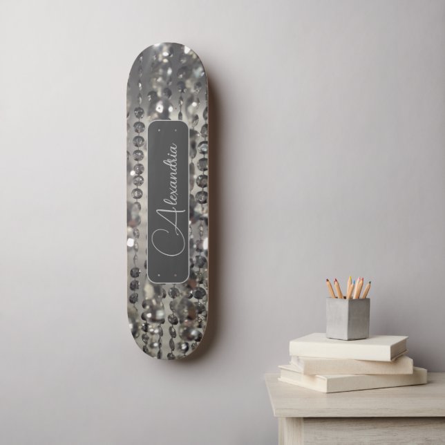 Personalized Glittery Silver Stringed Beads      Skateboard (Wall Art)